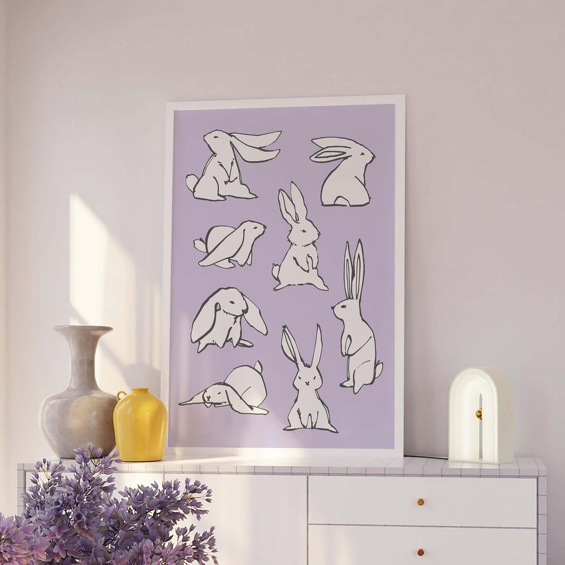 Bunnies Sketch Print Art Cute Rabbit Art Print Purple Wall Art Trendy Easter Decor Nursery Decor - Image 3
