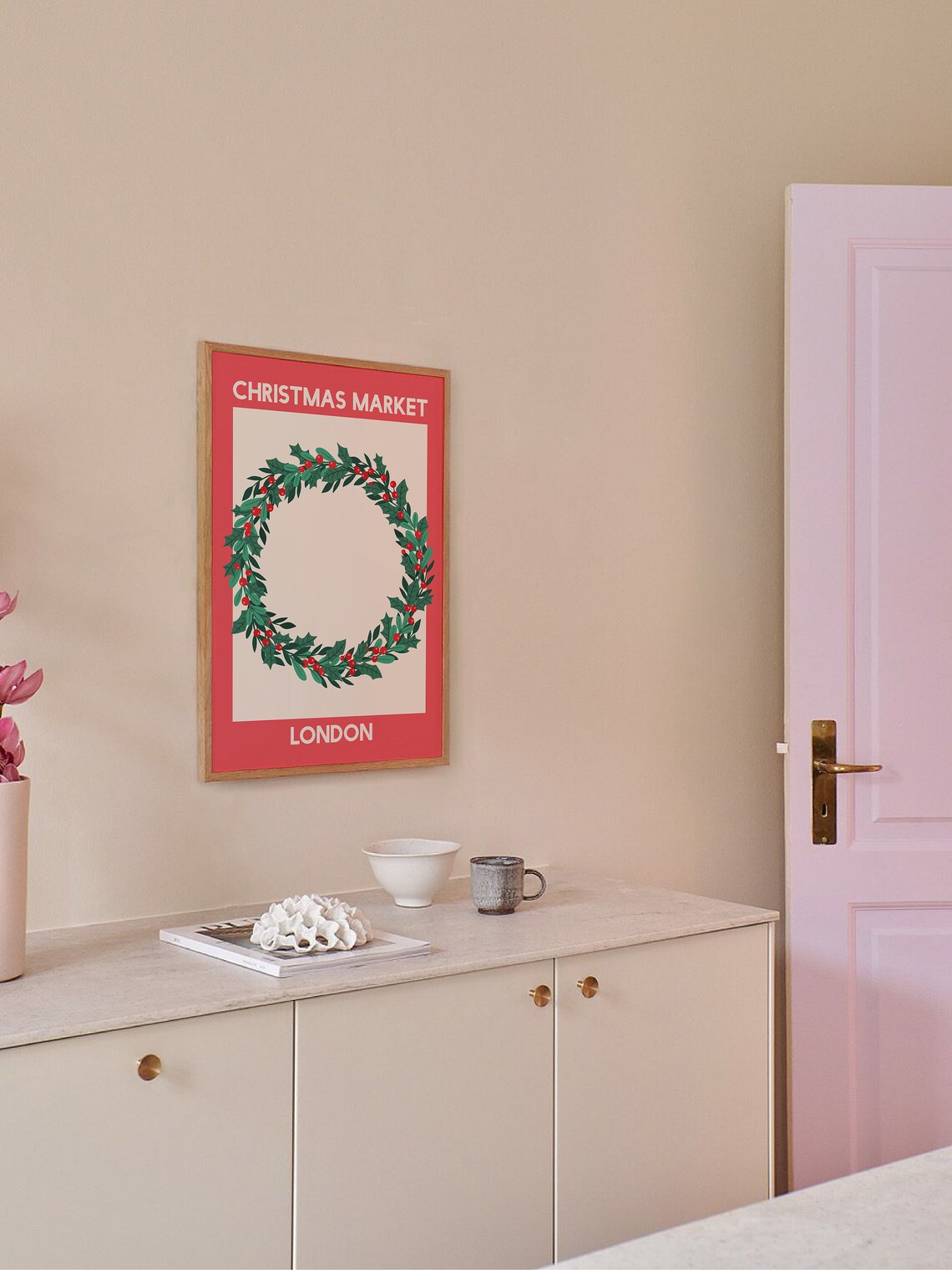 London Christmas Market Holly Berry Wreath Holiday Travel Poster - Image 3