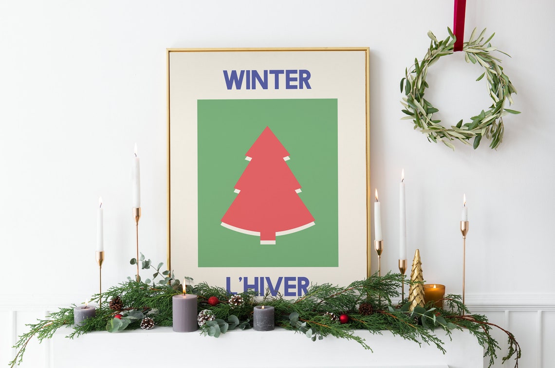 Winter L Hiver Red Tree Green Square Bilingual French Holiday Poster - Image 6