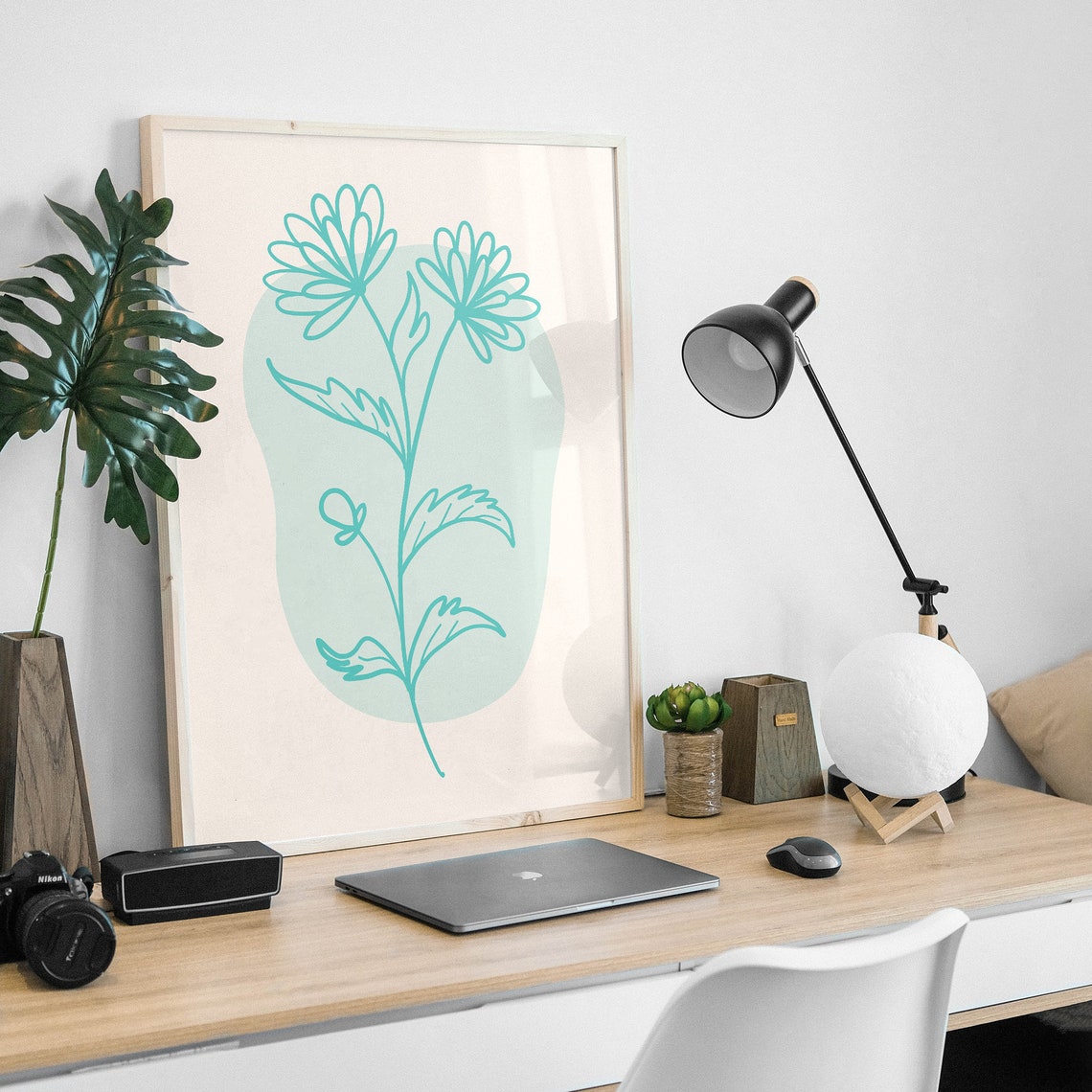 Teal Minimal Line Botanical Print Art Colorful Floral Art Cute Trendy Wall Art - Image 5