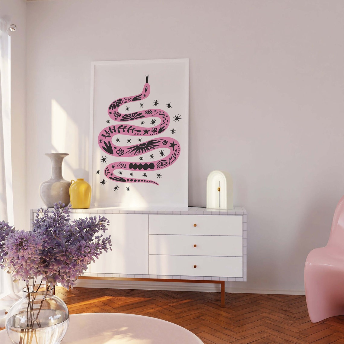 Boho Tattoo Snake Pink Illustration Starry Floral Art Poster - Image 5