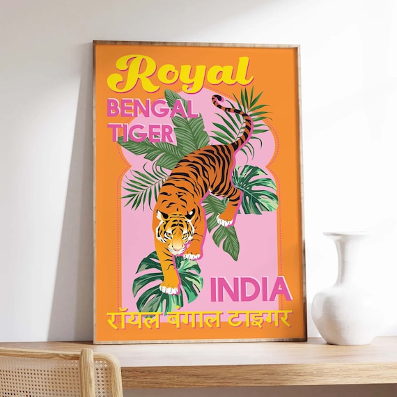 Royal Bengal Tiger India Tropical Jungle Retro Travel Poster