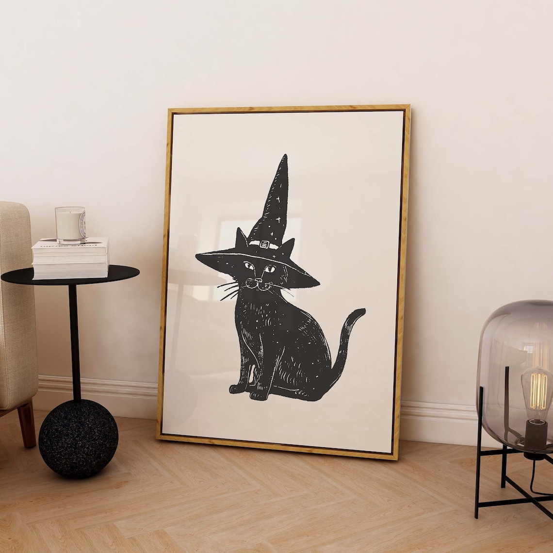 Black Cat Witch Hat Block Style Vintage Halloween Cat Art Poster - Image 5