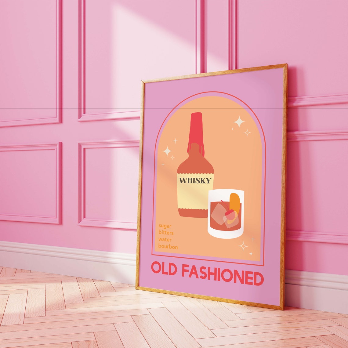 Old Fashioned Cocktail Print Art Cute Pink Bourbon Cocktail Bar Art Kitchen Wall Art - Image 3
