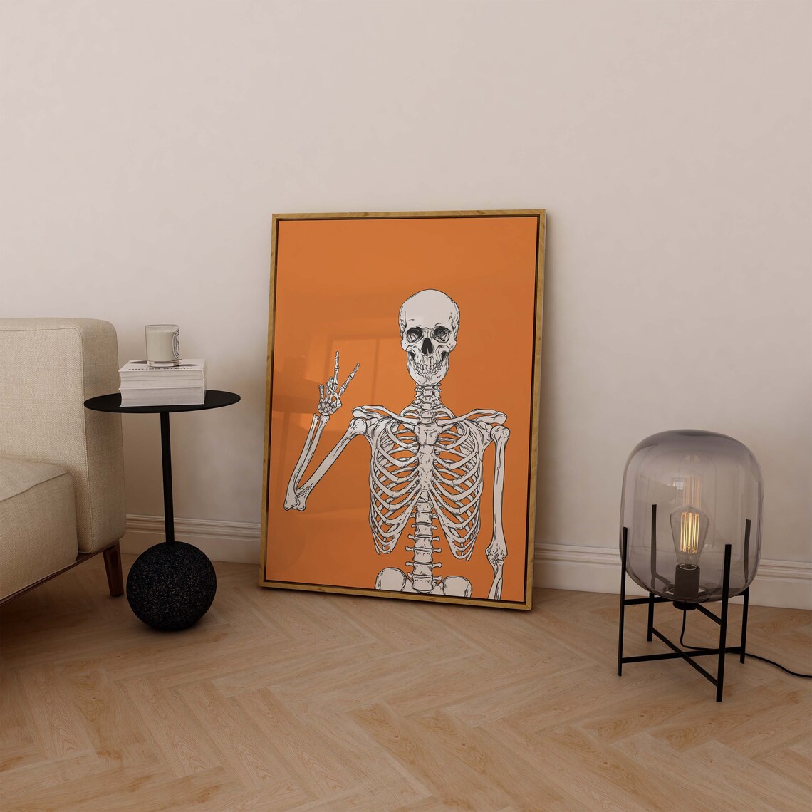 Gothic Skeleton Peace Sign Orange Background Halloween Art Poster - Image 5