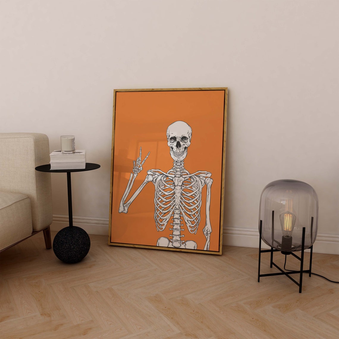 Skeleton Print Art Cute Orange Halloween Wall Decor Trendy Halloween Wall Art Spooky Season Poster - Image 5