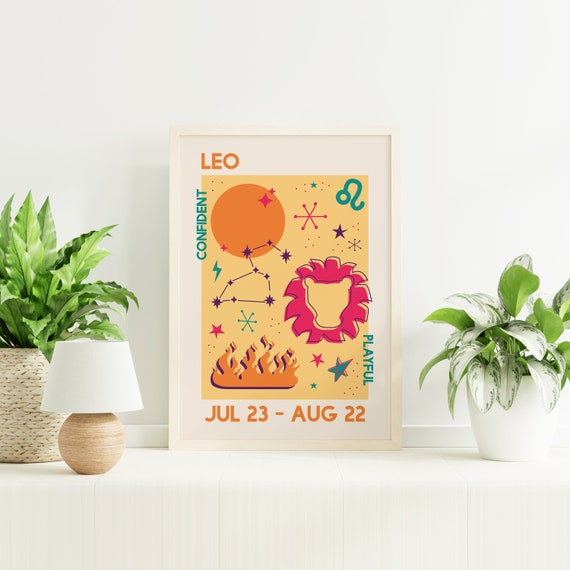 Leo Zodiac Print Art Trendy Astrology Poster Yellow Retro Wall Art Star Sign Art Print Cute Trendy Wall Art