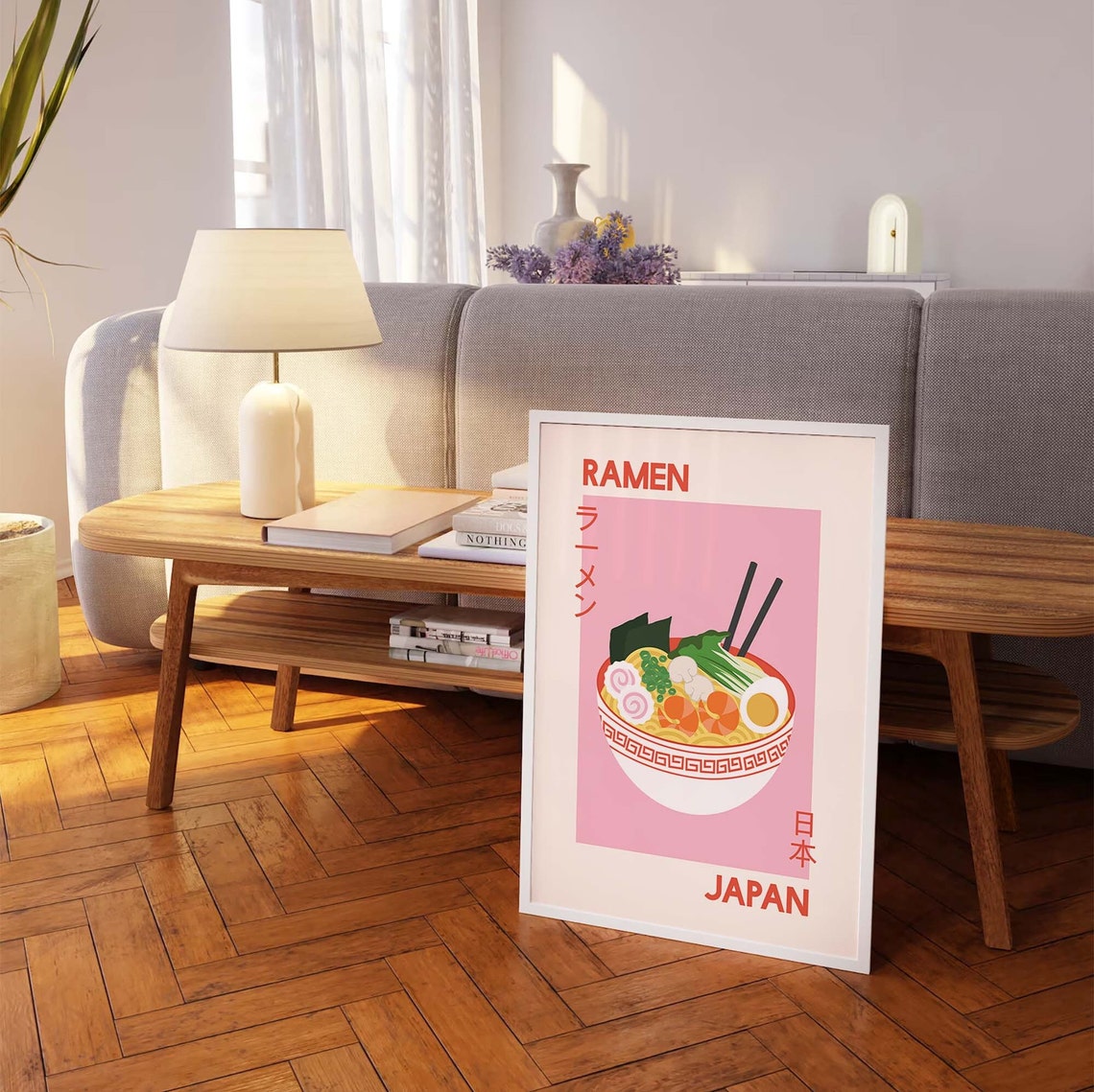 Japanese Ramen Bowl Poster with Pink Kitchen Art and Chopsticks - Image 2