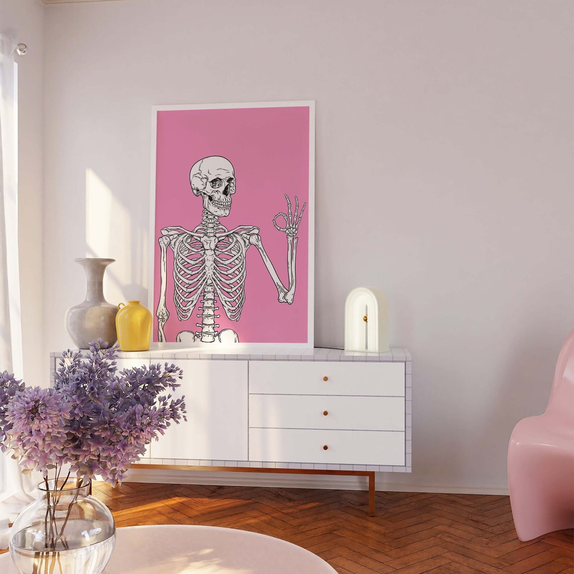 Funny Skeleton OK Hand Gesture Pink Background Line Art Poster - Image 5