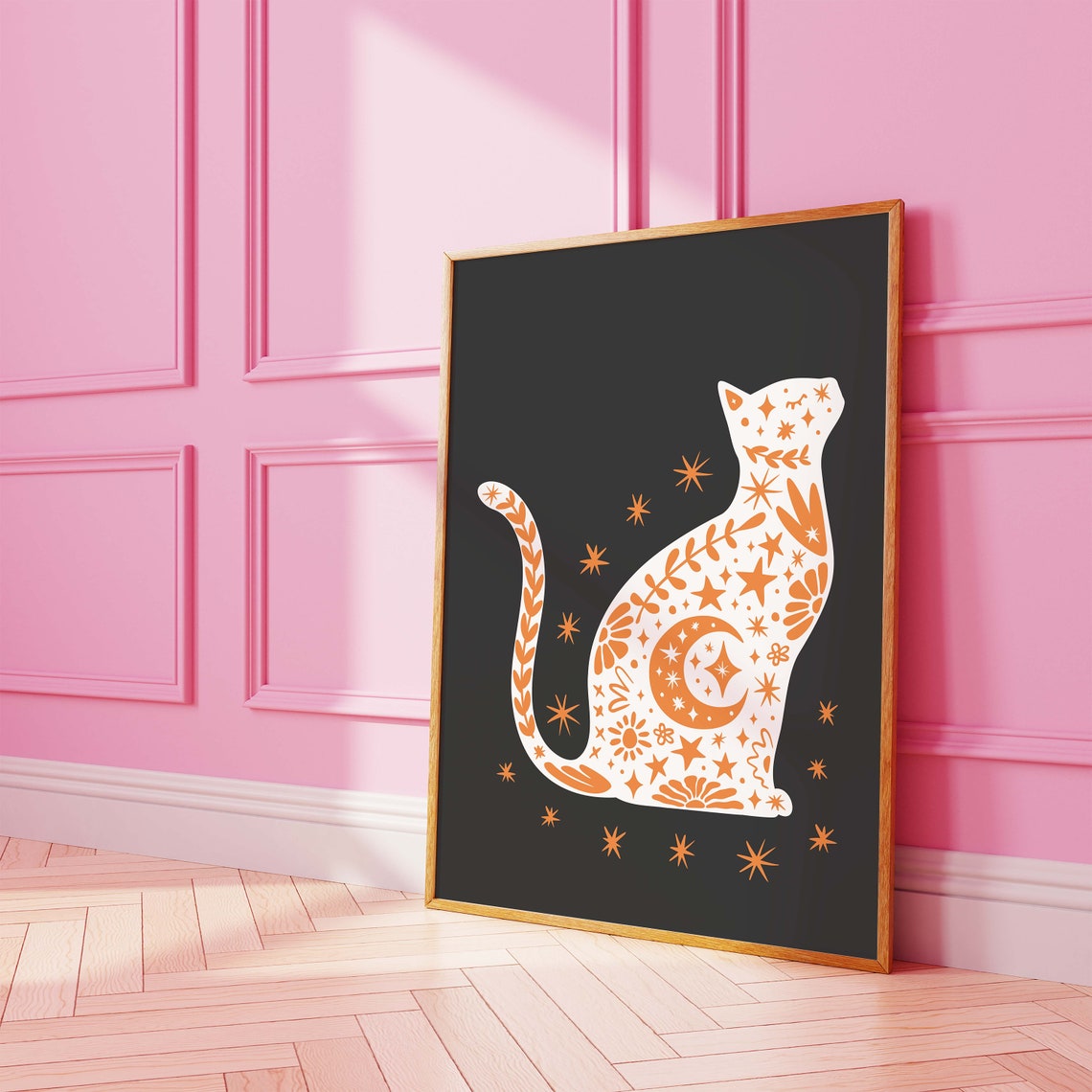 White Orange Celestial Cat Black Background Fall Halloween Poster - Image 3