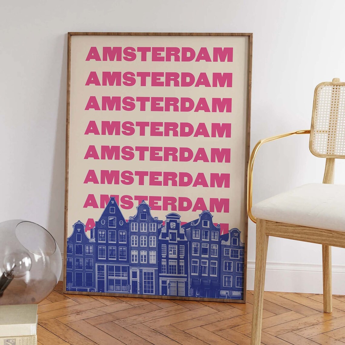 Amsterdam Repeated Pink Typography Blue Canal Houses Travel Poster - Image 6