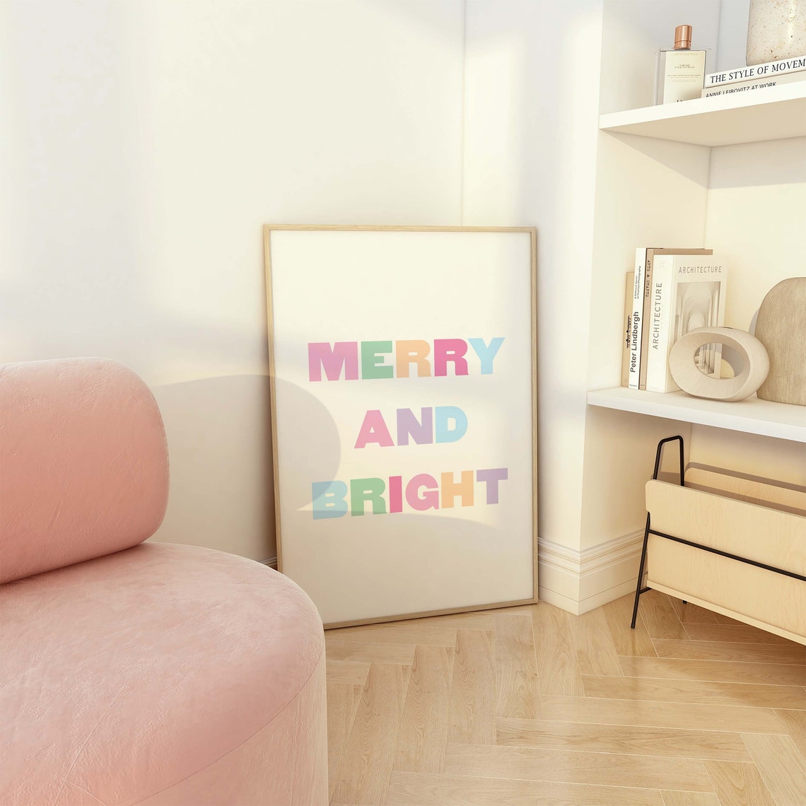 Merry and Bright Christmas Pastel Block Letters Quote Poster - Image 3