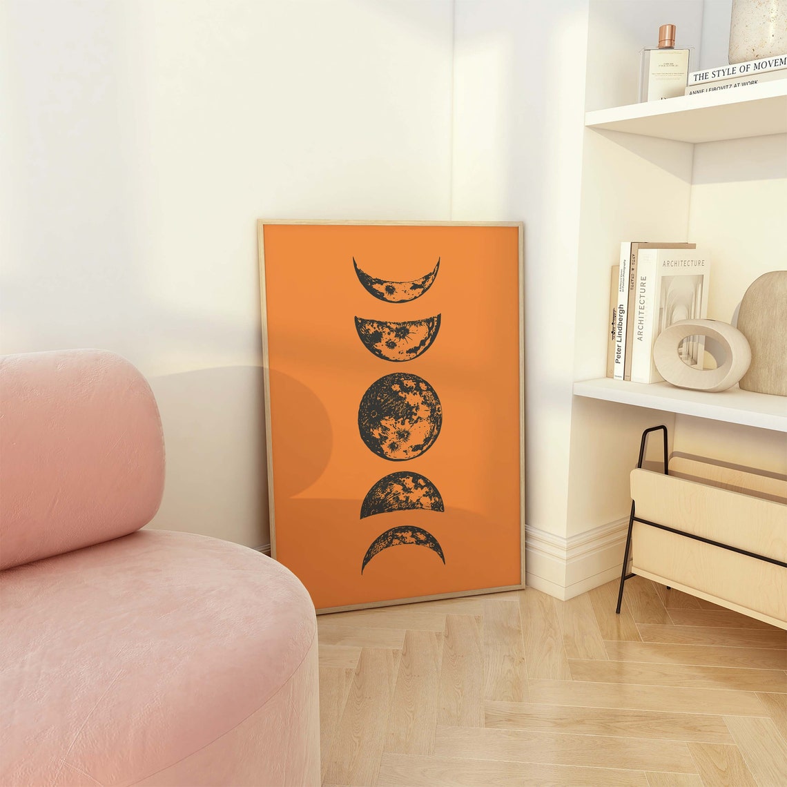 Moon Phases Column Orange Background Celestial Halloween Poster - Image 3