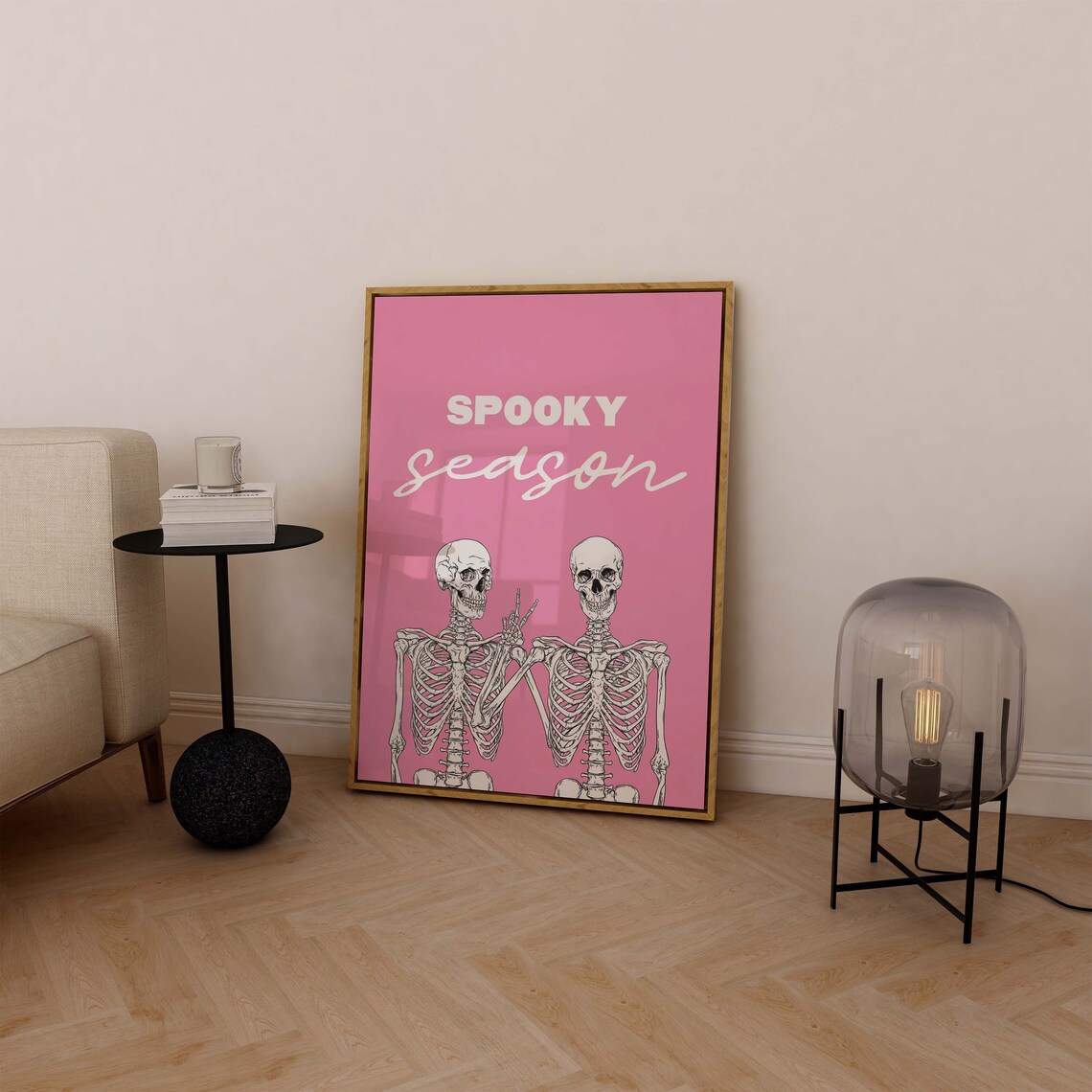Spooky Season Skeletons Best Friends Peace Sign Pink Halloween Poster - Image 4