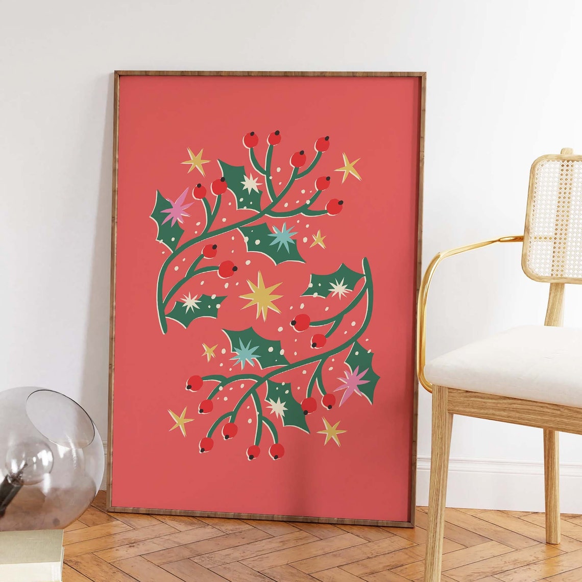 Red Holly Branch with Berries Retro Christmas Botanical Poster - Image 2