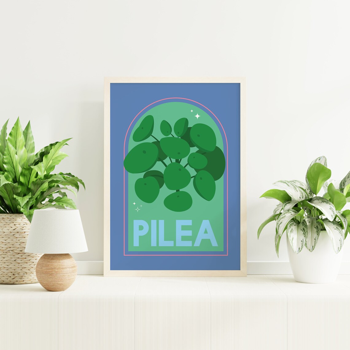 Pilea Houseplant Blue Arch Modern Botanical Illustration Poster - Image 3
