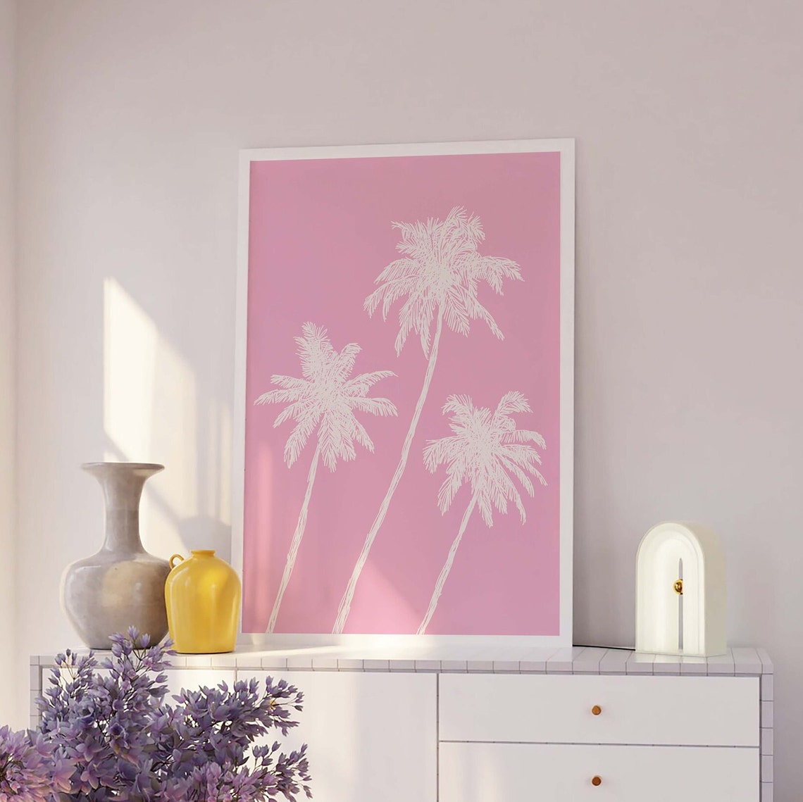 Pink Palm Trees White Line Sketch Tropical Summer Beach Poster - Image 3