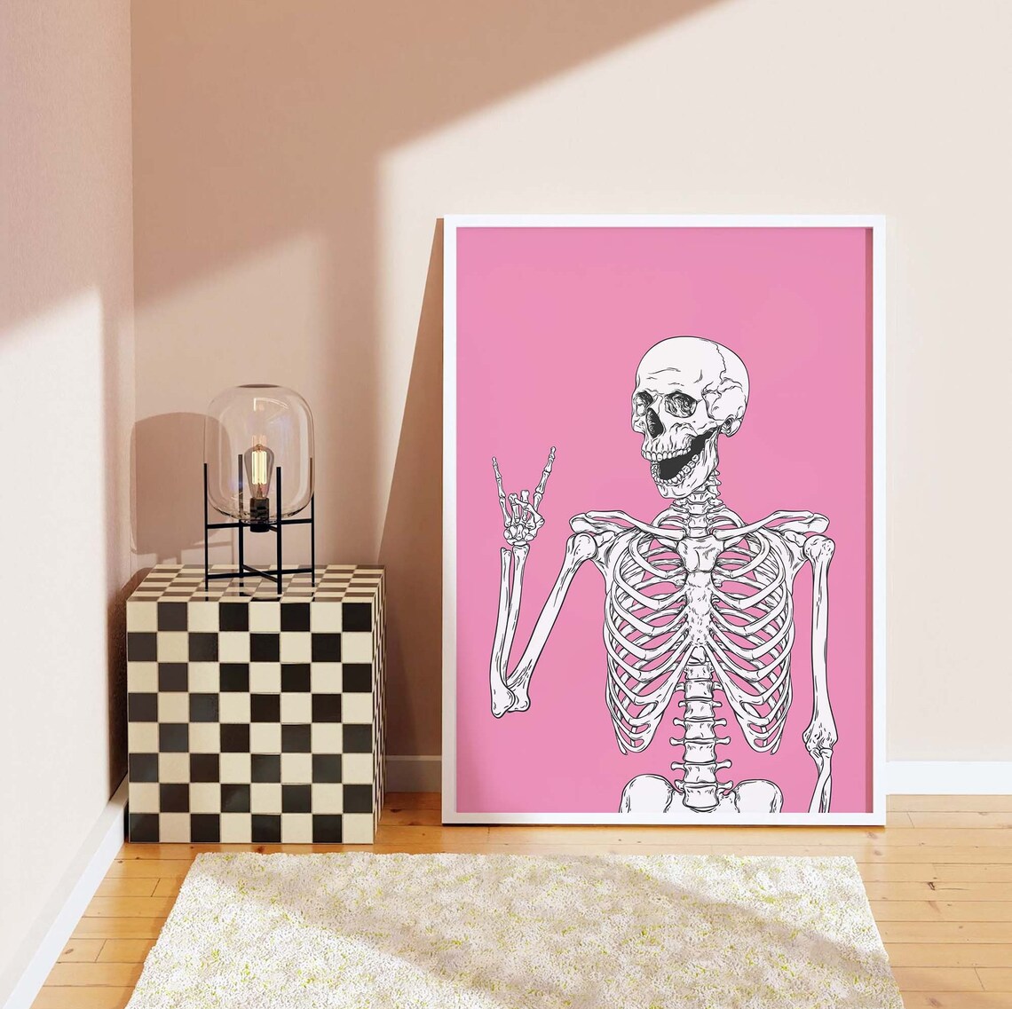 Laughing Skeleton Peace Sign Anatomical Pink Halloween Wall Art - Image 7