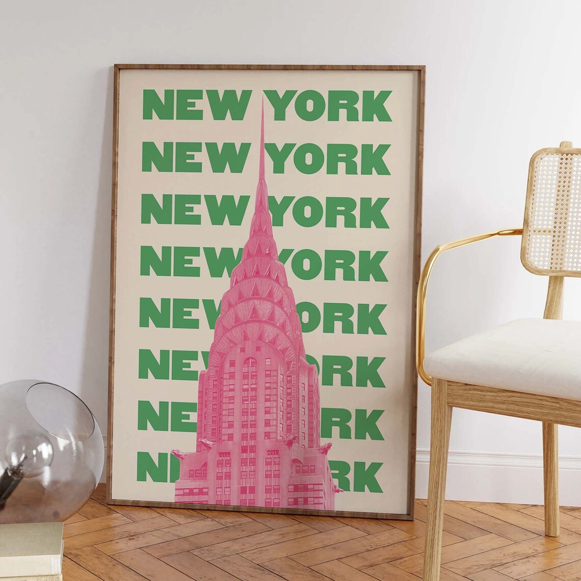 New York Chrysler Building Pink Green Retro Travel Text Poster - Image 3