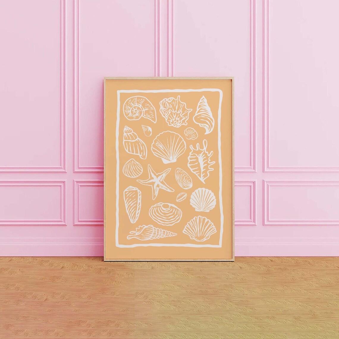 Apricot Seashell Collage White Line Art Starfish Beach Poster - Image 2