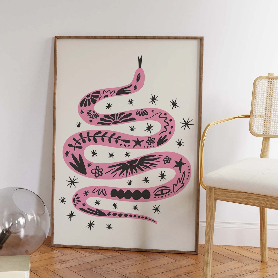 Boho Tattoo Snake Pink Illustration Starry Floral Art Poster - Image 6