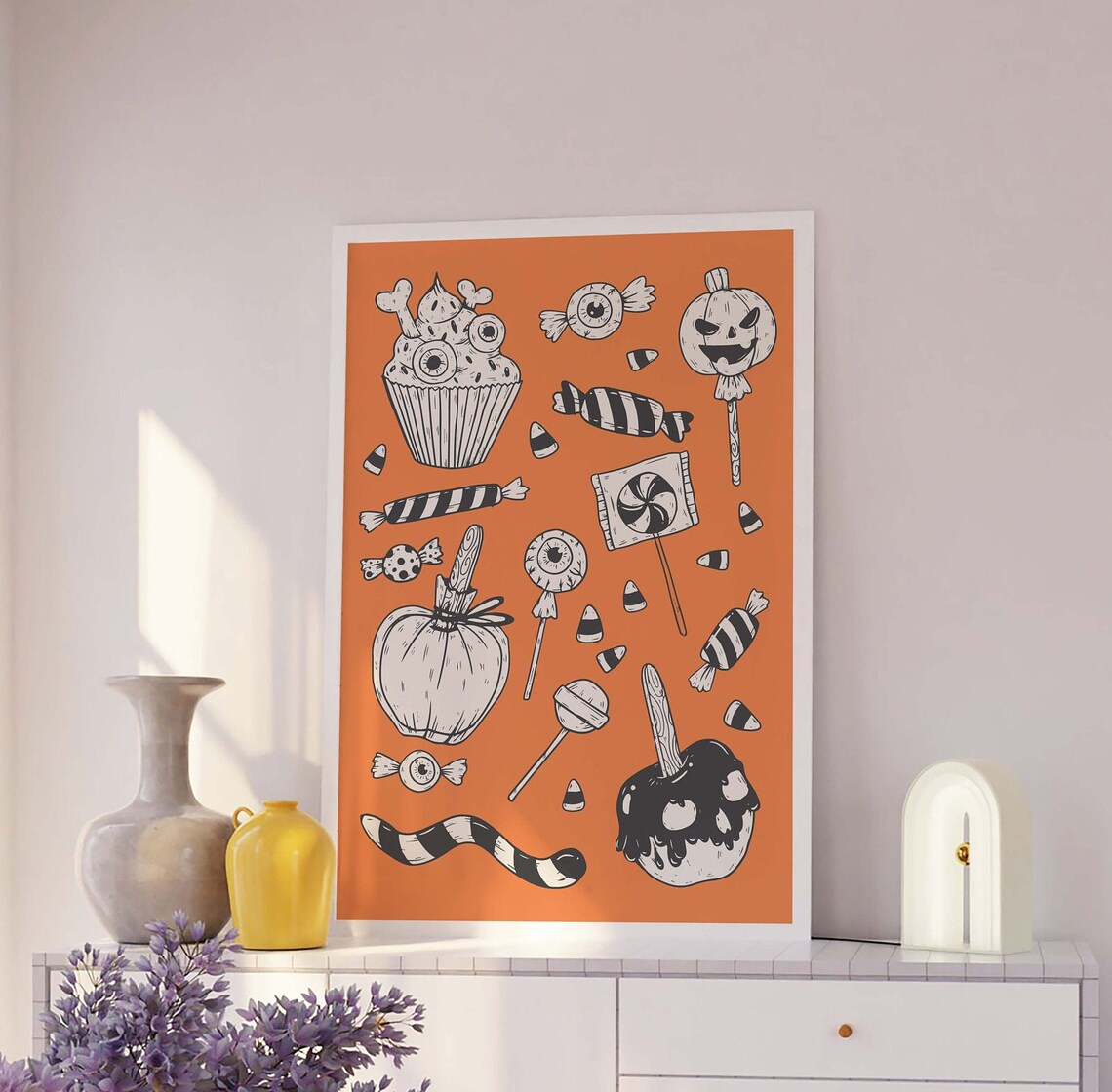 Orange Halloween Candy Treats Art Poster for Spooky Party Decor