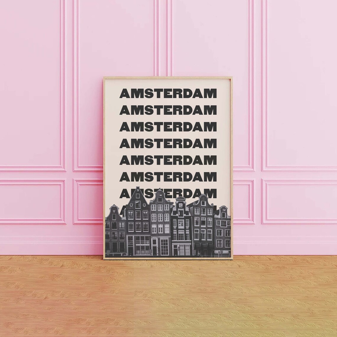 Amsterdam Repeated Text Black And White Canal Houses Travel Poster - Image 4