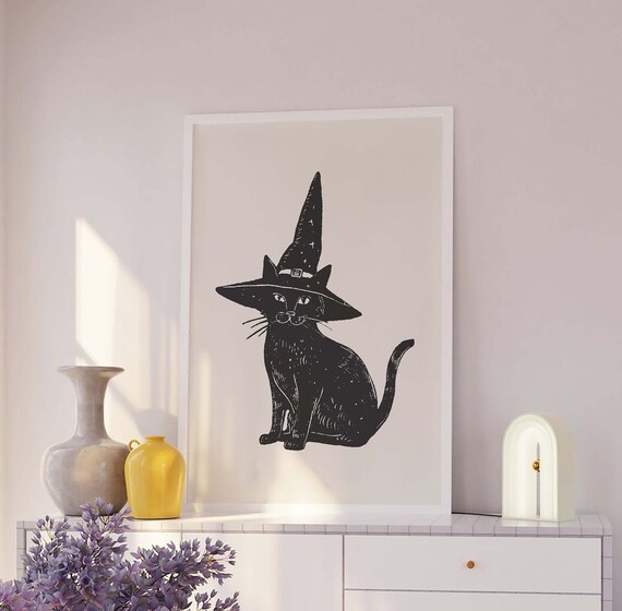 Black Cat Witch Hat Block Style Vintage Halloween Cat Art Poster