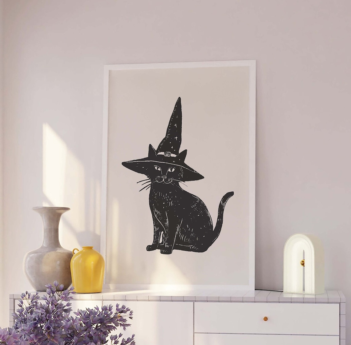 Black Cat Witch Hat Block Style Vintage Halloween Cat Art Poster
