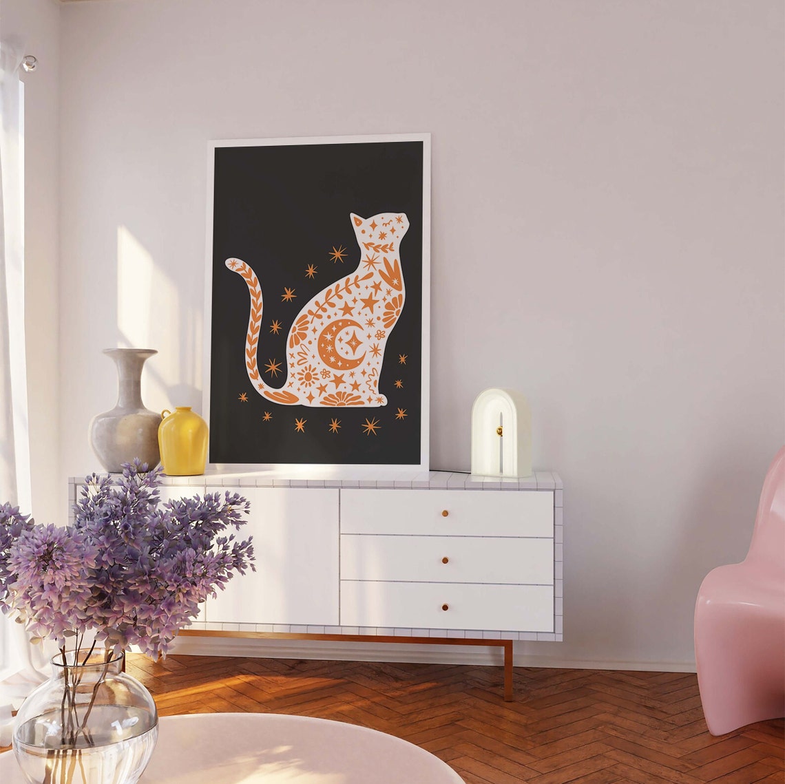 White Orange Celestial Cat Black Background Fall Halloween Poster - Image 5
