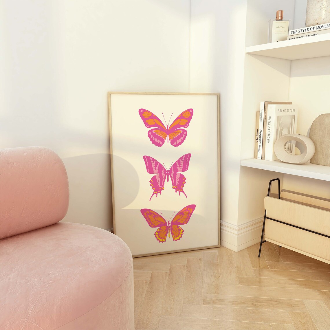 Three Pink Orange Butterflies Vintage Trendy Retro Pop Art Poster - Image 3