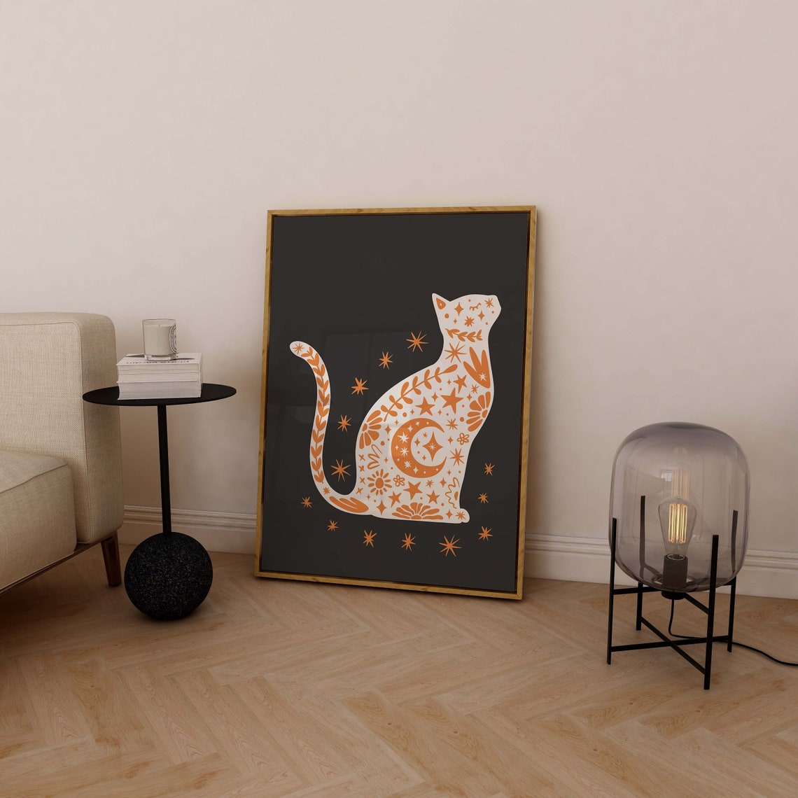 White Orange Celestial Cat Black Background Fall Halloween Poster - Image 6