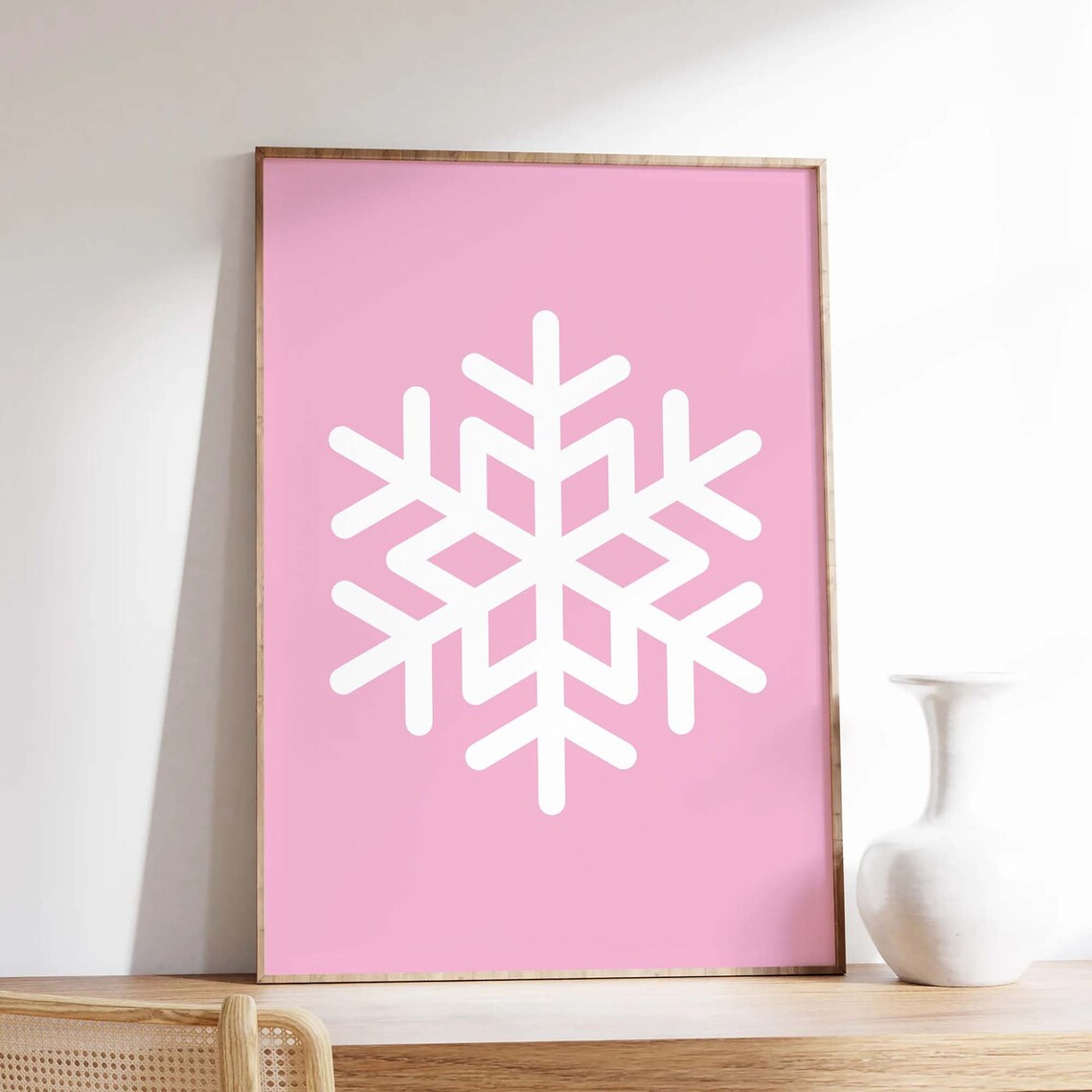 Pink Geometric Snowflake Minimalist Winter White On Pink Wall Print - Image 3