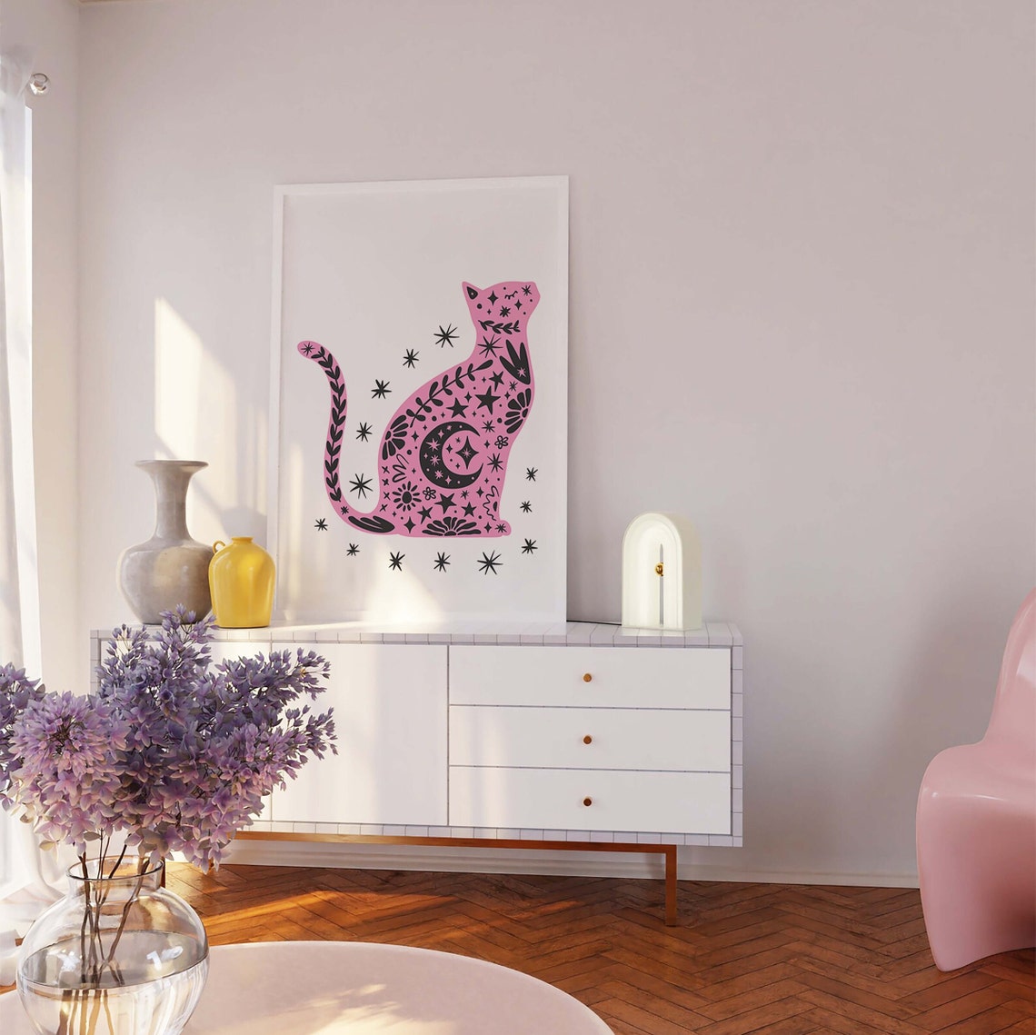 Pink Celestial Cat Stars Moon Halloween Spooky Cute Wall Poster - Image 5