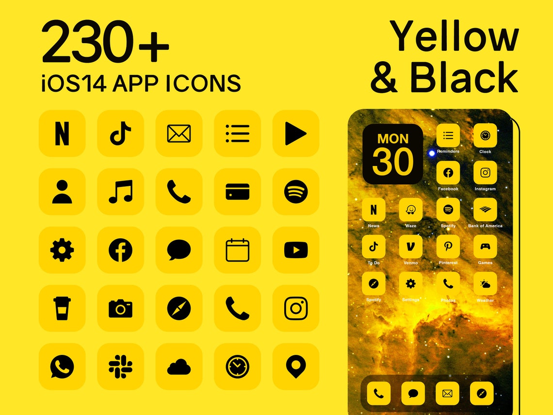 Black Yellow iOS 14 App Icon Pack 230 Plus Minimal Icon Set Print