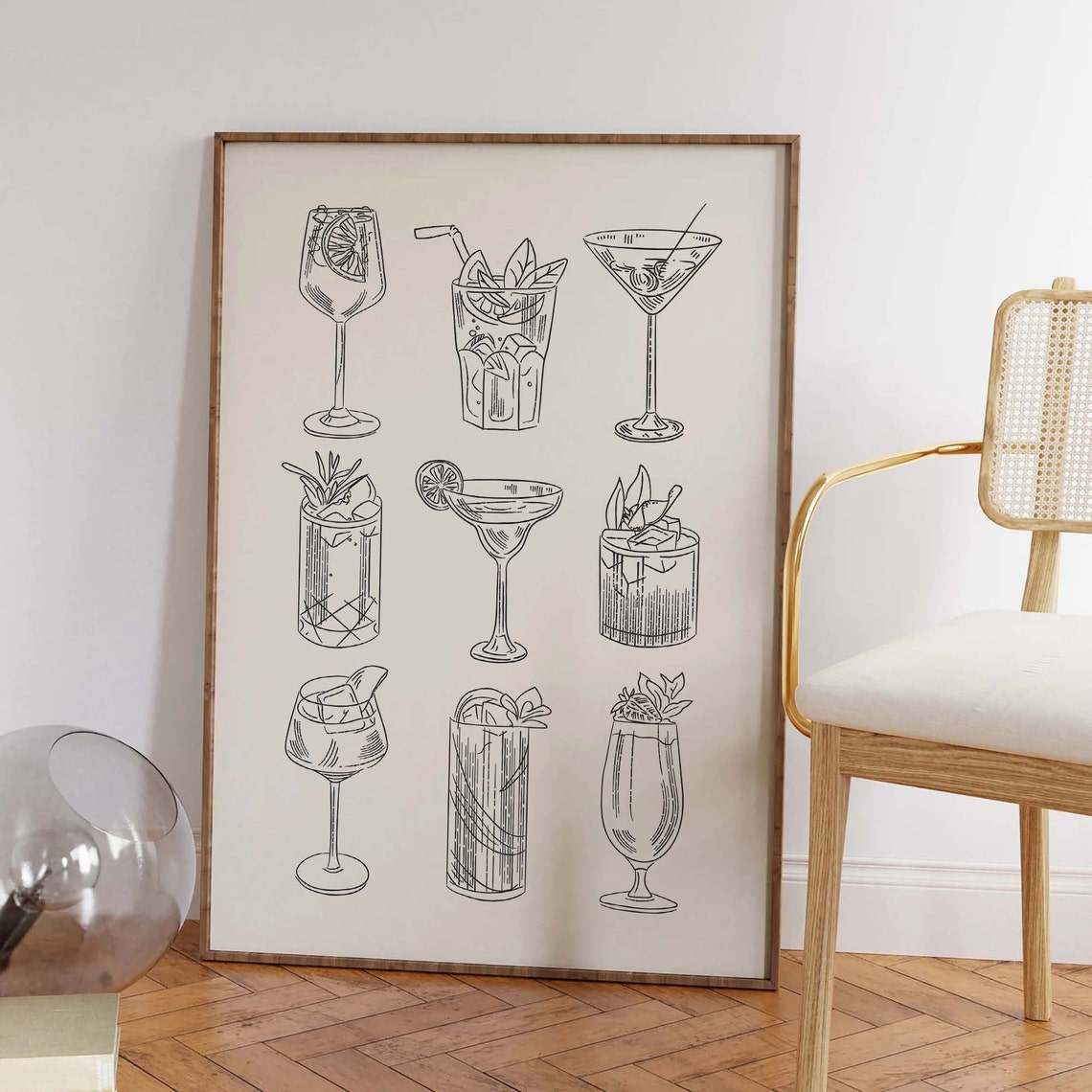 Nine Classic Cocktail Glasses Line Art Bar Cart Sketch Poster - Image 3
