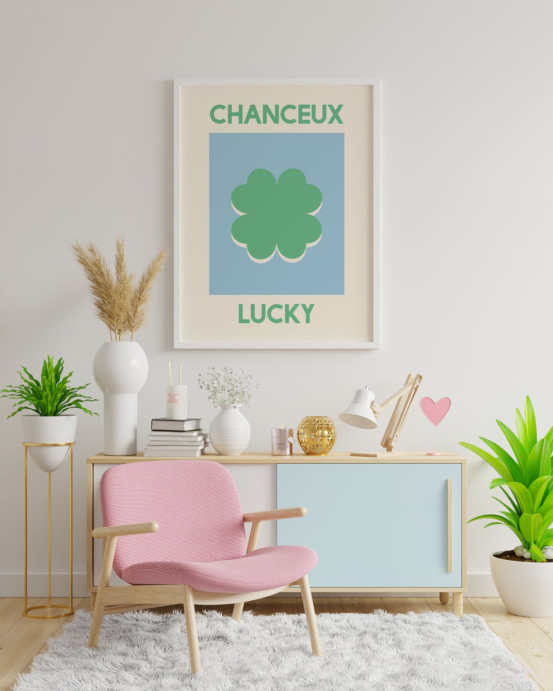 Chanceux Lucky Green Clover Minimalist Blue Modern Art Poster - Image 3