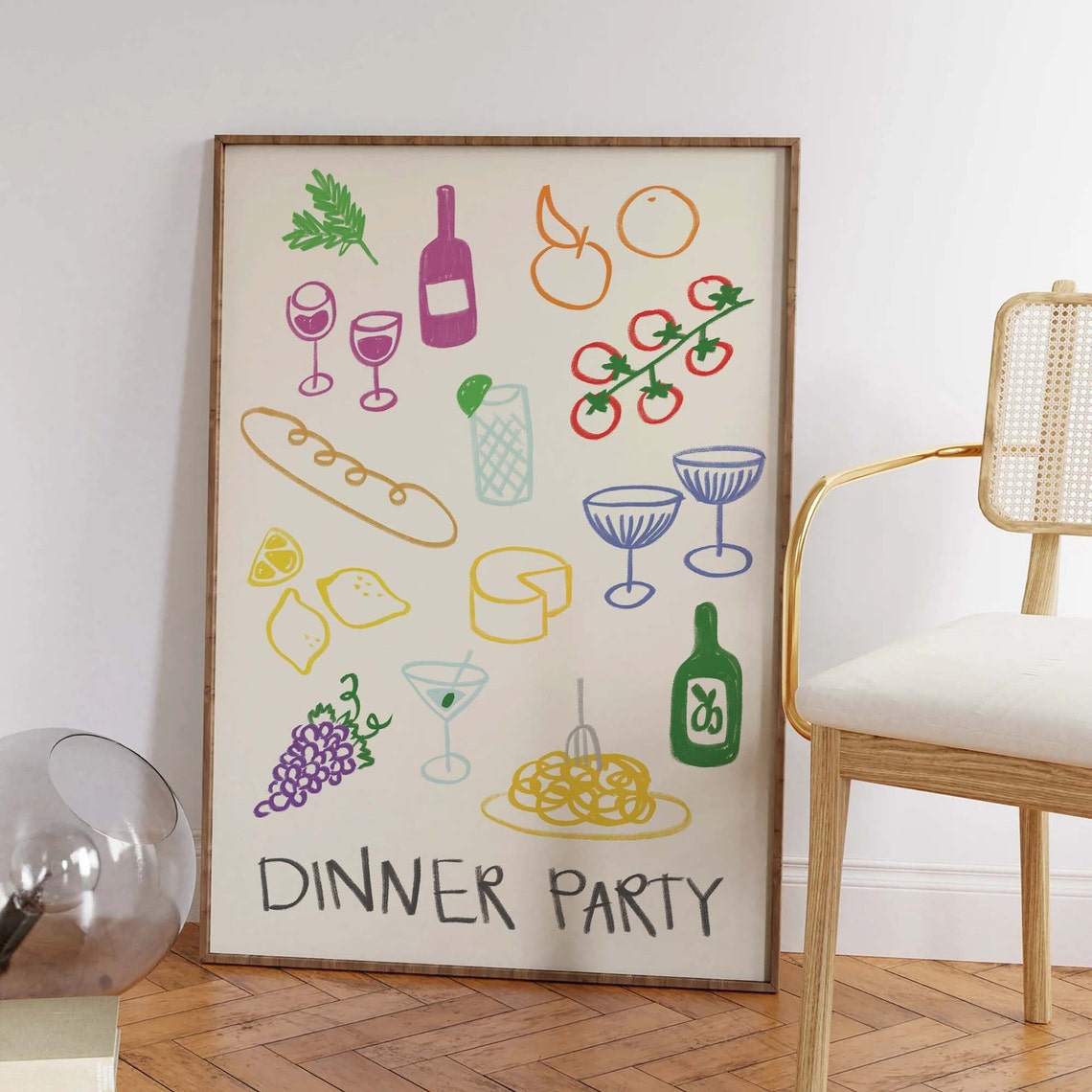 Dinner Party Print Art Cute Hand Drawn Wine Print Cocktail Bar Art Trendy Kitchen Print - Image 2