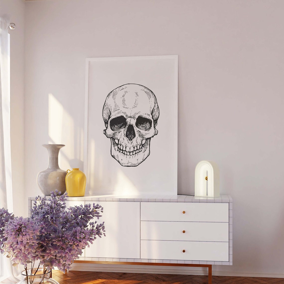 Hand Drawn Skull Line Art Minimal Halloween Cream Art Poster - Image 2