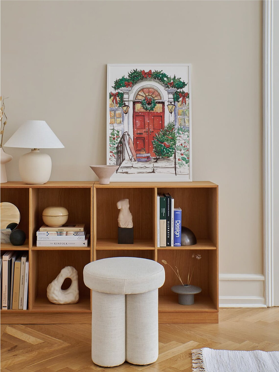 Christmas Front Door With Red Wreath Watercolor Holiday Art Poster - Image 3