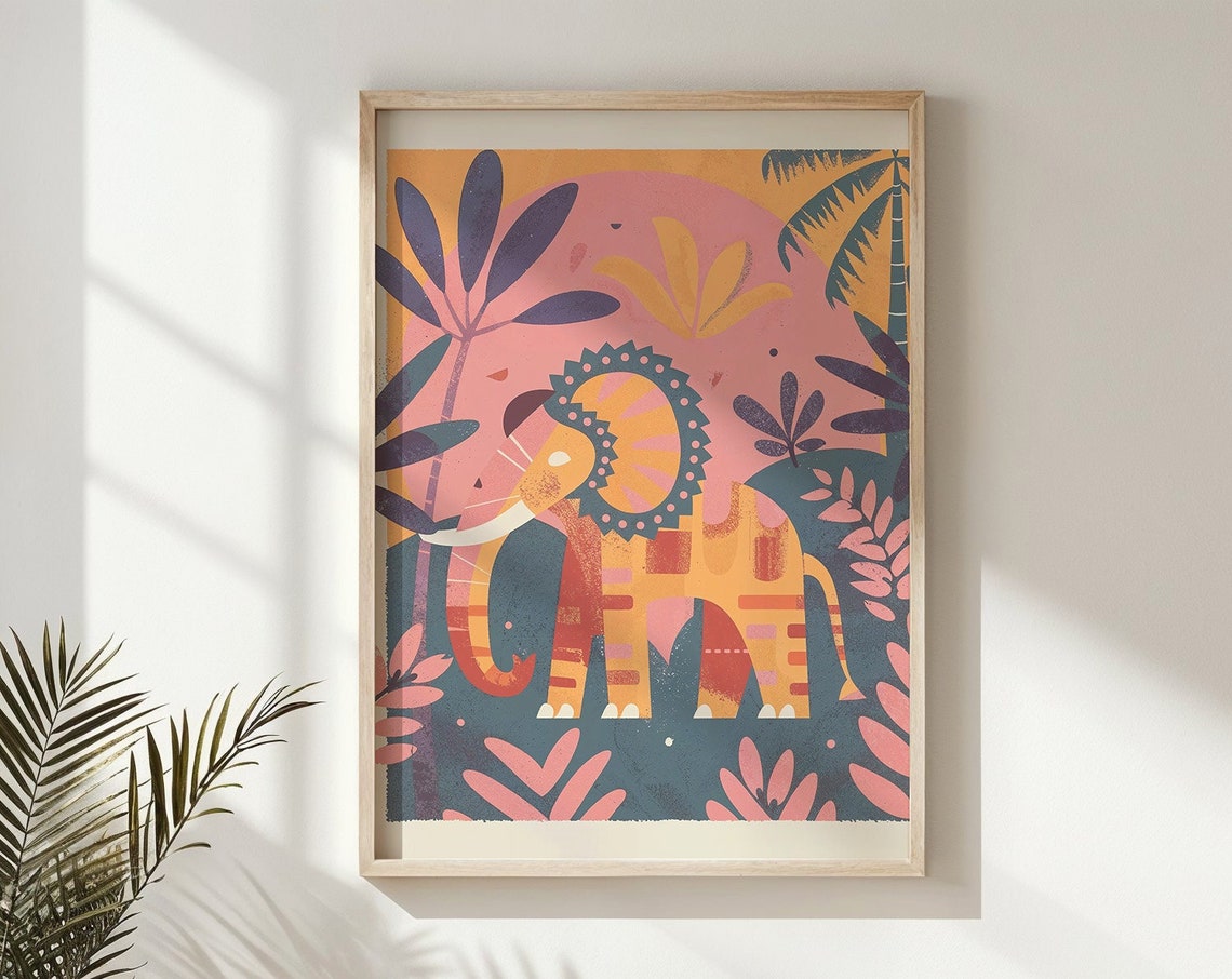 Bold Patterned Orange Elephant Pink Sun Jungle Nursery Poster