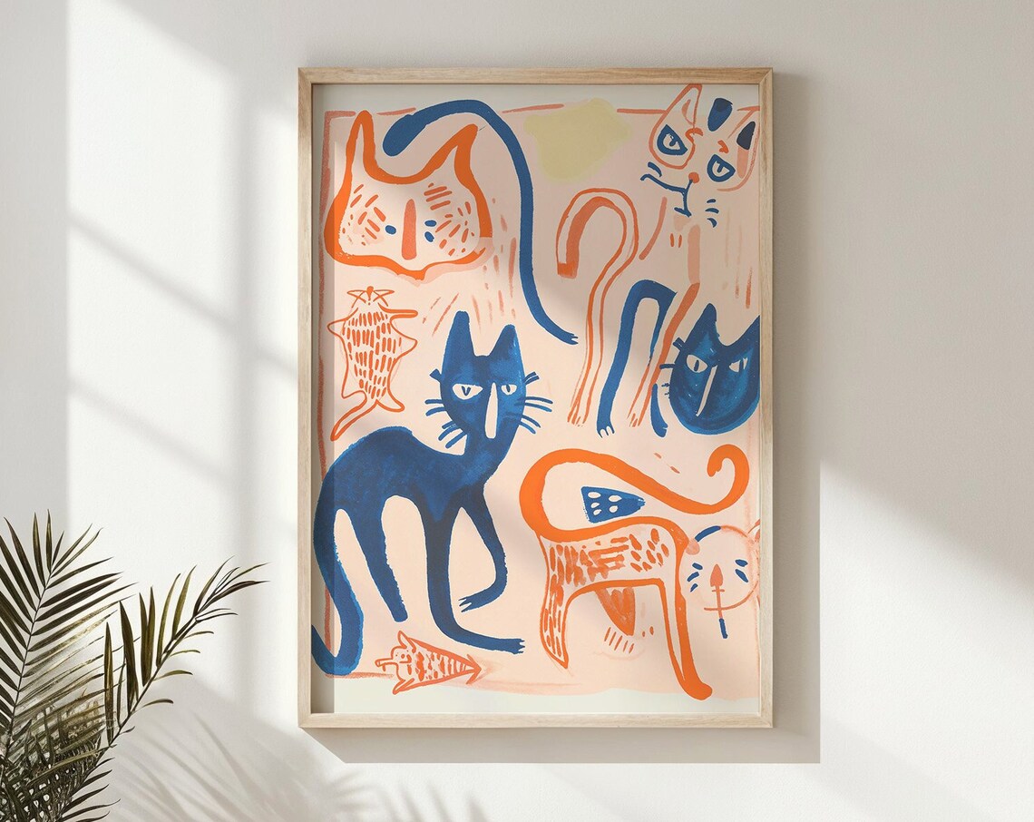 Abstract Doodle Cats In Orange And Blue Playful Minimalist Art Print