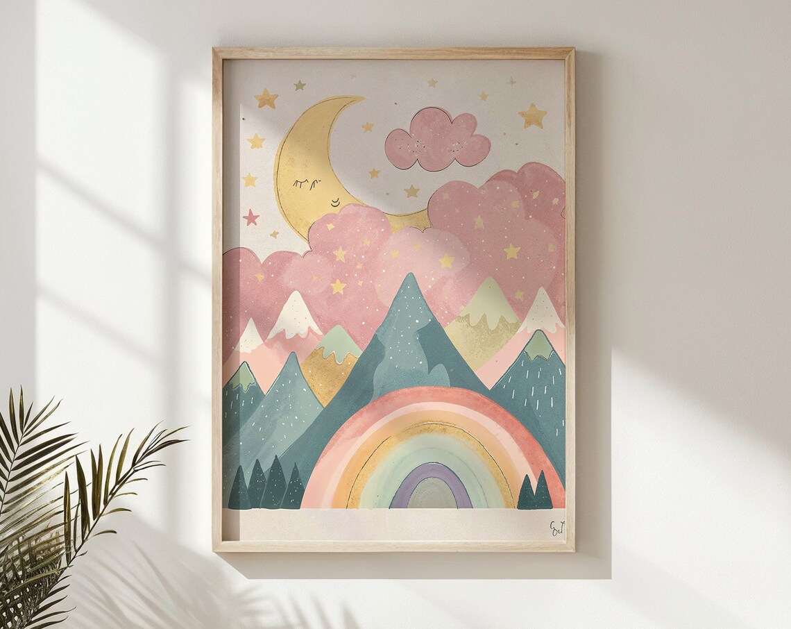 Dreamy Moon Rainbow Mountains Stars Watercolor Nursery Kids Poster