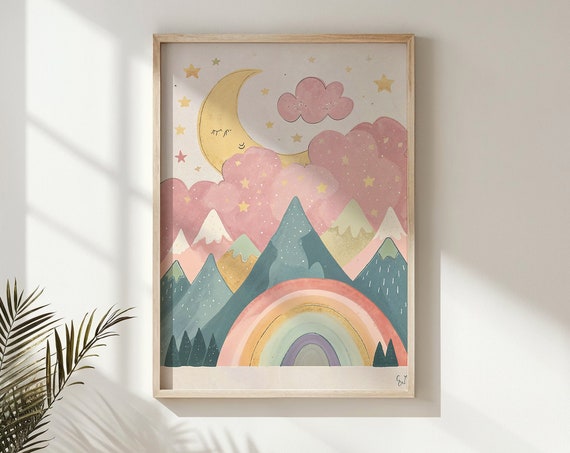 Rainbow Mountain And Moon Nursery Wall Art Whimsical Landscape Kids Posters Decor Pastel Starry Sky Decor