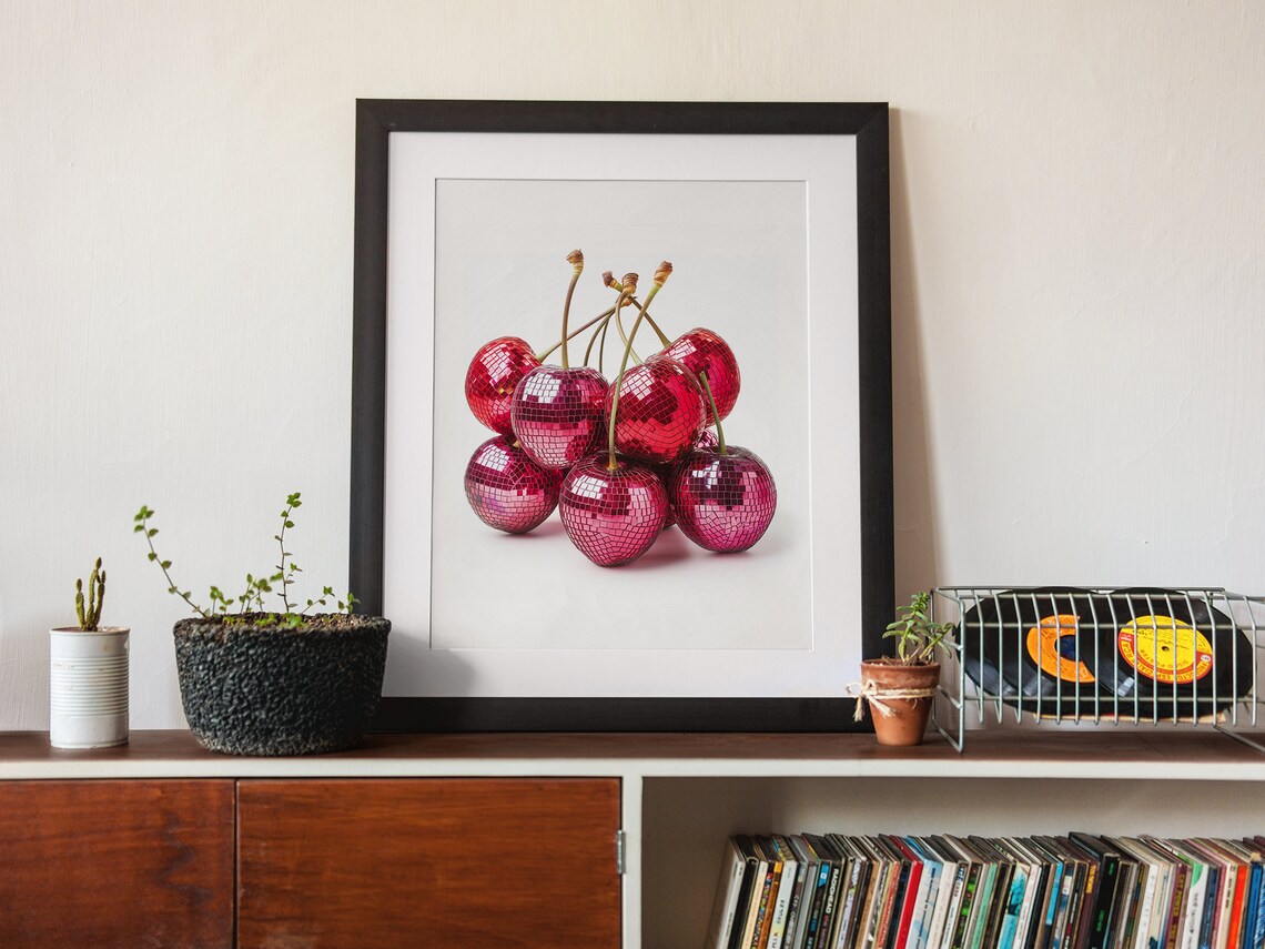 Disco Ball Cherries, 70s Retro Summer Wall Art