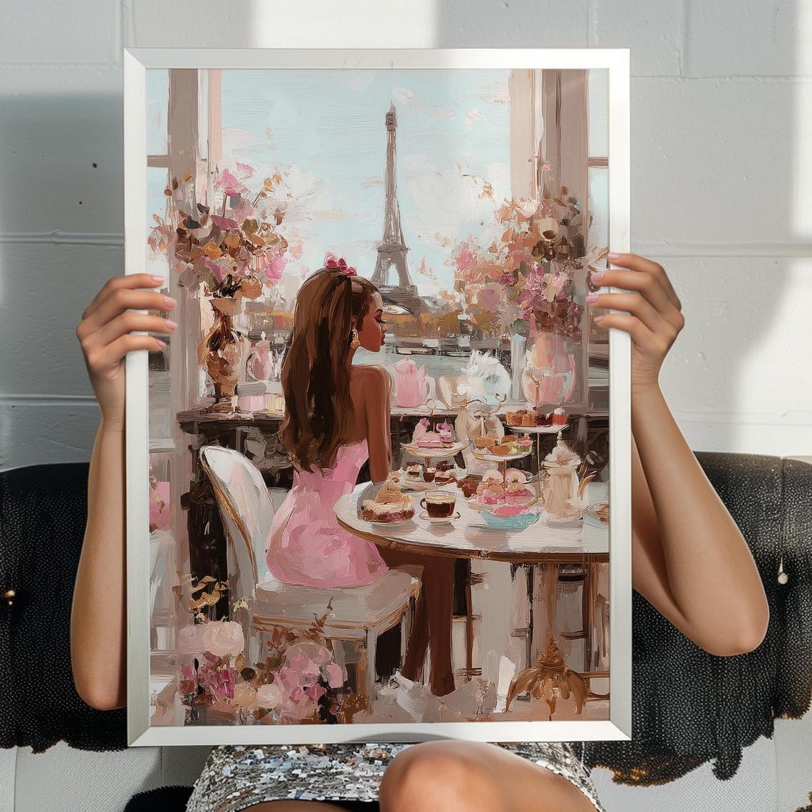 Sweet Paris Cafe Eiffel Tower Pink Dress Dessert Table Art Poster