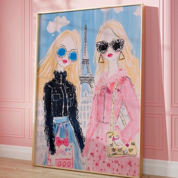 Two Blonde Fashion Girls Paris Eiffel Tower Shopping Artwork Poster