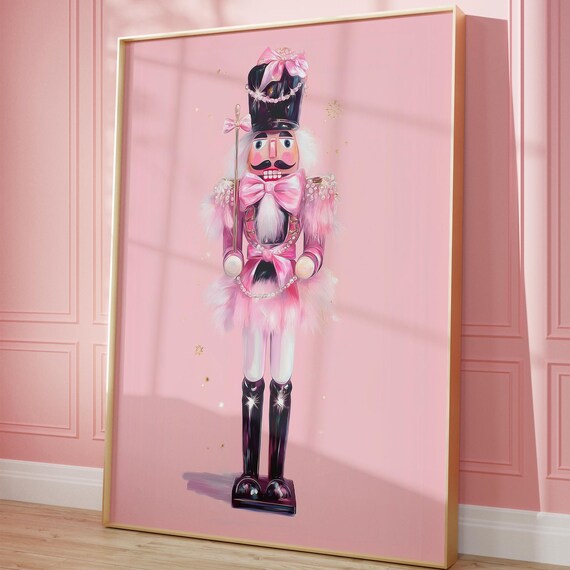 Pink Nutcracker Ballerina In Tutu With Bows Coquette Christmas Wall Art
