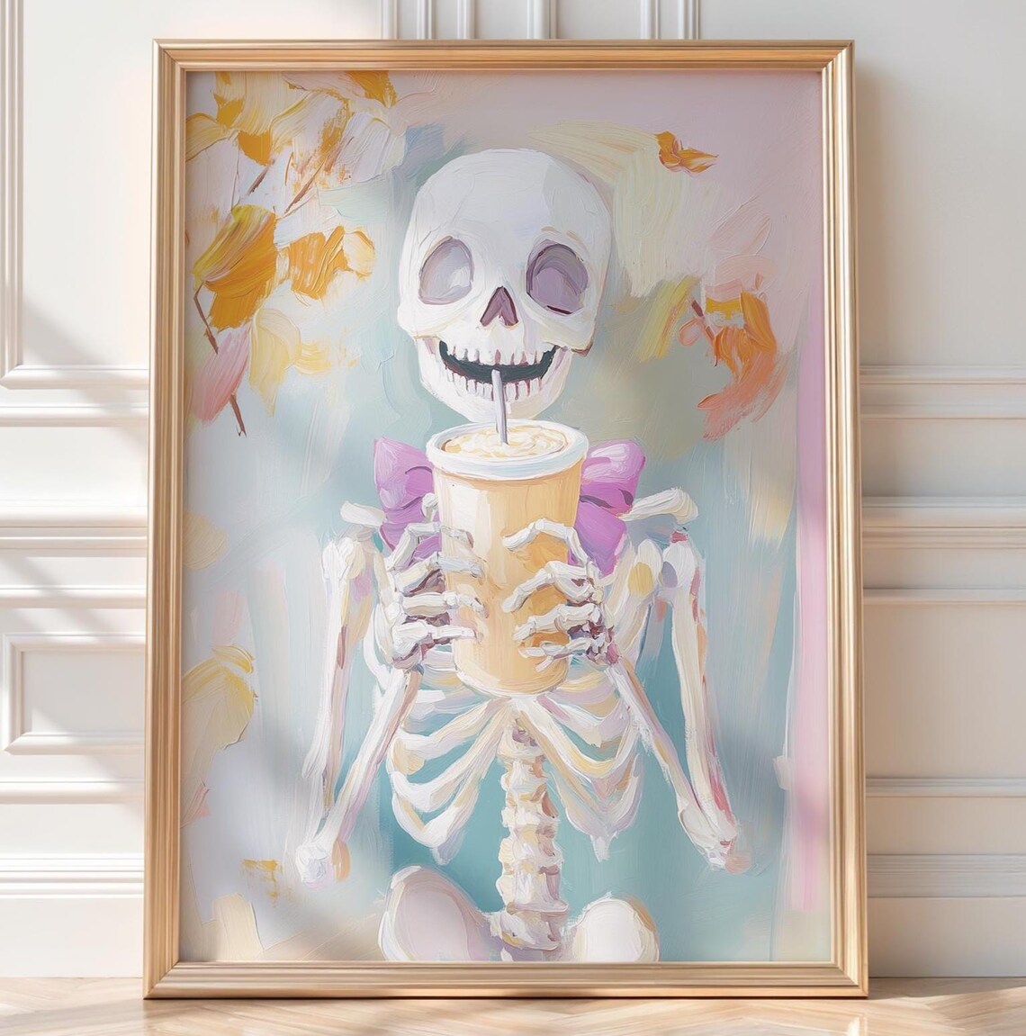 Halloween Skeleton Drinking Pumpkin Spice Latte Wall Art Fall Autumn Leaves Poster Print Decor Pastel October
