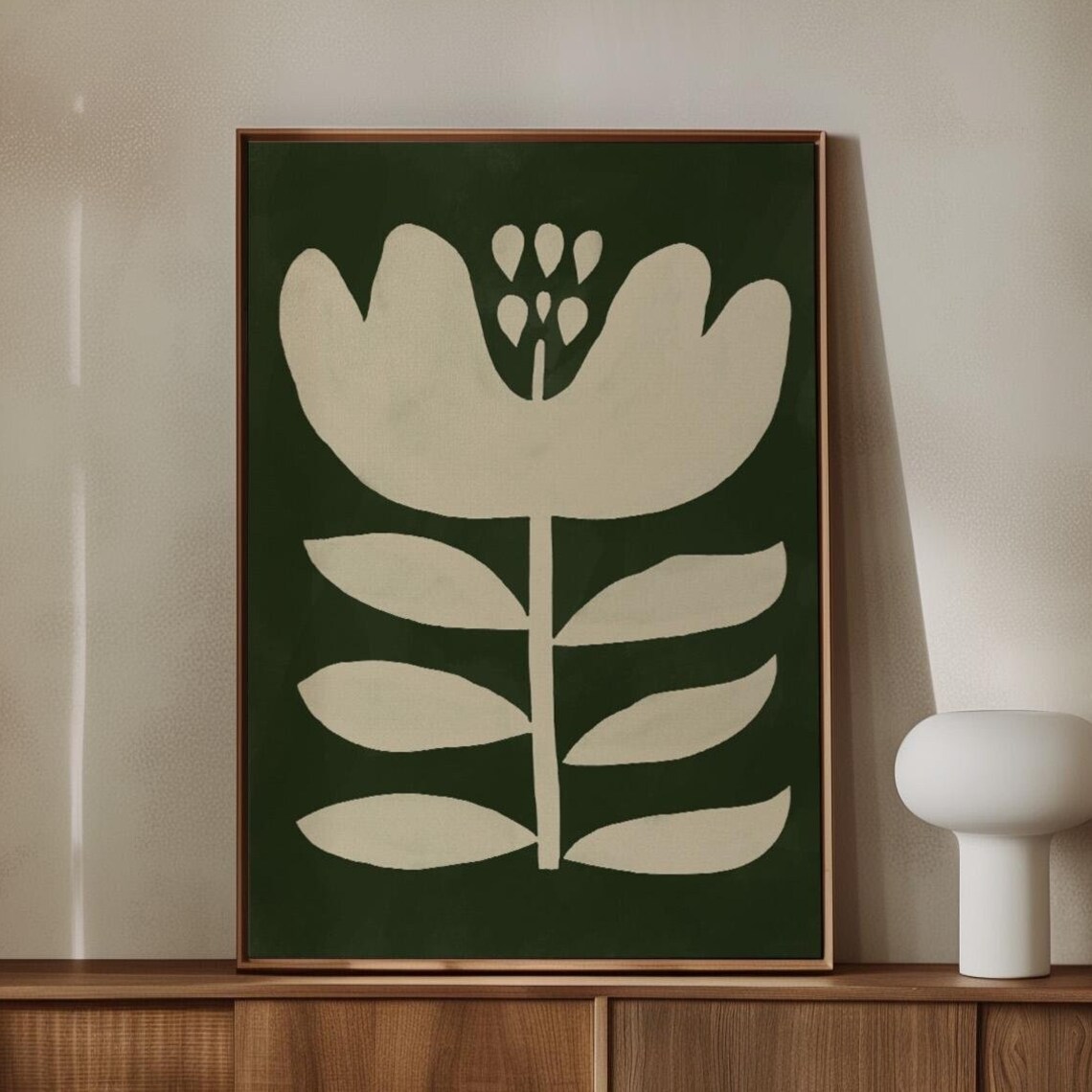 Cream Flower Bold Deep Green Abstract Botanical Modern Poster